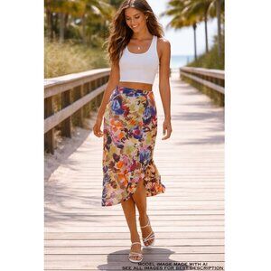 NWT Joseph A Cotton Midi Skirt 8 Wrap Tropical Watercolors Resort 100% Cotton